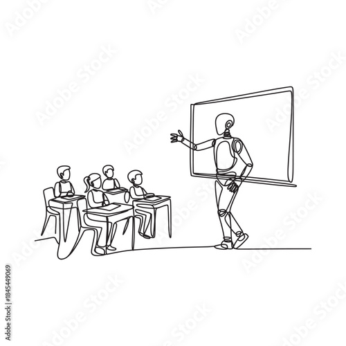 Robot teacher giving a lesson to students in a classroom setting