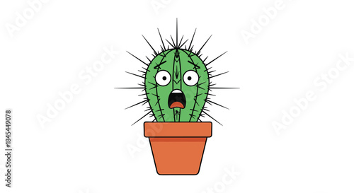 A funny cartoon cactus in a pot with a shocked and scared facial expression, its sharp spines sticking straight out in fear.