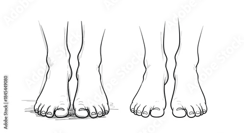 A medical line art illustration comparing the anatomy of a normal foot arch with a flat foot, isolated on white background.