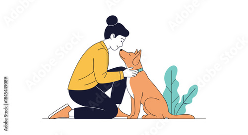 A simple and warm illustration of a woman kneeling and affectionately petting her happy dog, showing the bond between a pet and owner.