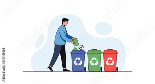 A man is shown sorting waste into different colored recycling bins, promoting environmental responsibility and proper waste management.