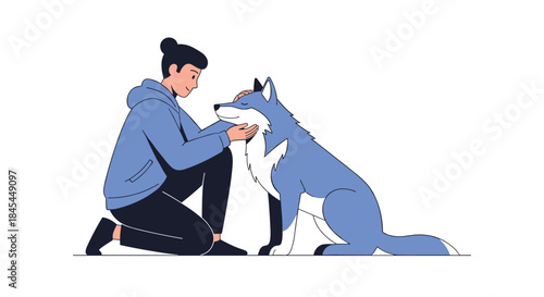 A heartwarming illustration of a person gently petting a large, calm blue wolf or husky, showing a peaceful bond with a wild animal.