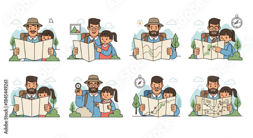 Father and child exploring nature with map