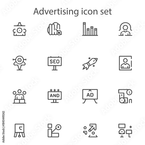 Advertising Line Icons Set with Digital Marketing Symbols, SEO, Target Audience, Billboard, Analytics and Promotion Strategy Vector Collection Illustration

