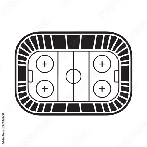 Overhead view of a hockey rink complete with goal lines and faceoff spots