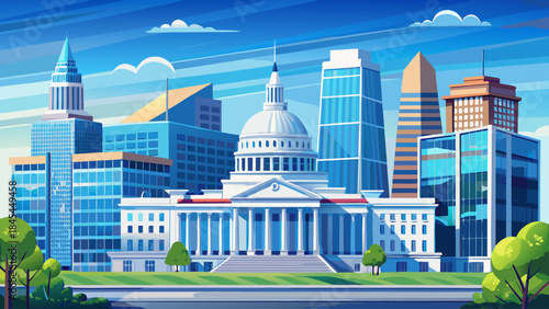 Very beautiful modern office glass buildings under a clear blue sky in Washington DC, symmetric perspective, clean lines, and contemporary cityscape rendered in vector illustration style.