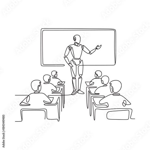 A classroom scene featuring a robotic teacher presenting to students