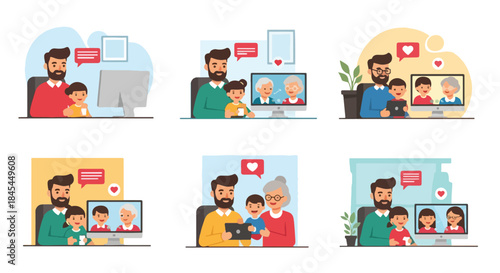 Family video call with grandparents, father and child