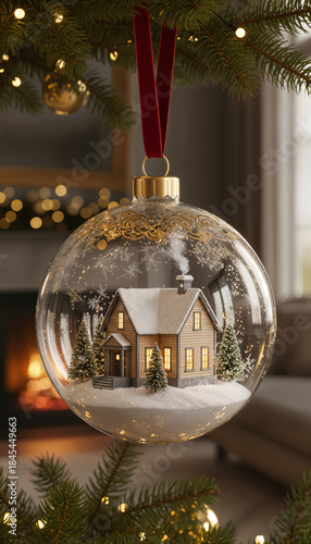 Christmas tree glass ball with a small house inside hanging from a green xmas tree branch in cozy room