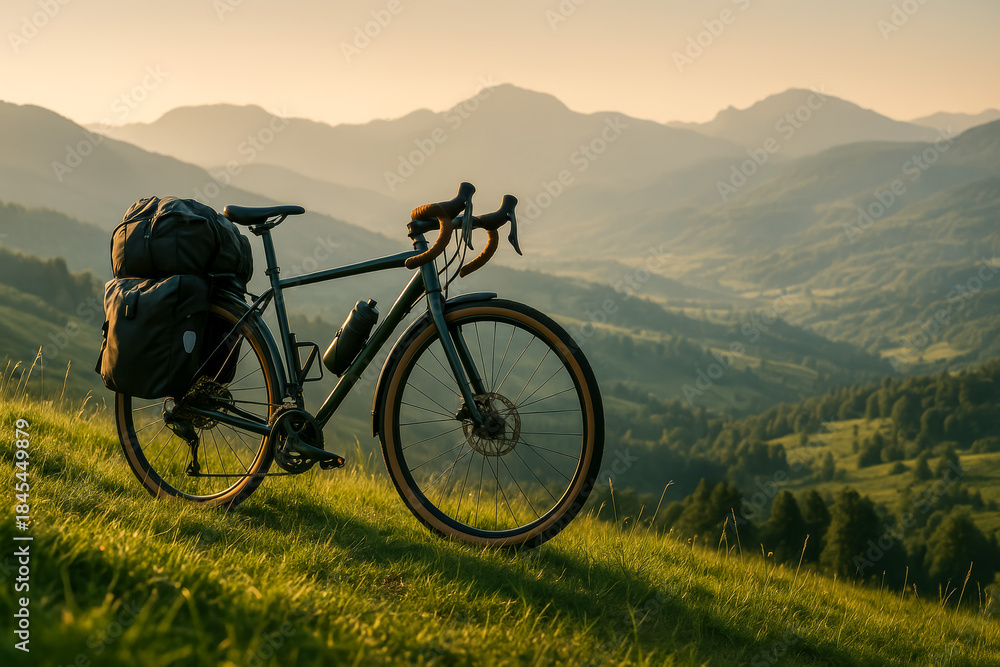 Obraz premium Bicycle parked on a grassy hill overlooking mountains at sunset