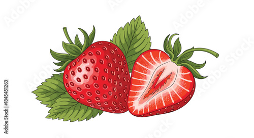 Bright ripe strawberries with green leaves shown in a vibrant close up ready to eat and celebrate fresh fruit in a sunny garden setting.