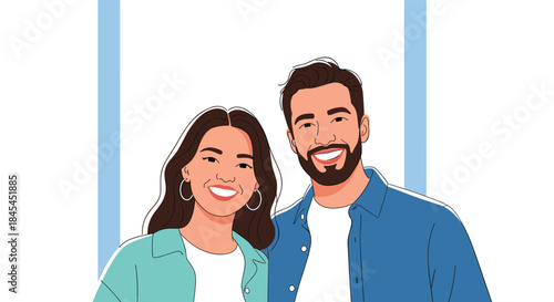 Smiling couple stands close in casual outfits inside a bright studio creating a warm friendly portrait for lifestyle branding and everyday living.