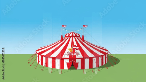 A clean, modern flat design vector illustration depicting the iconic red and white striped big top tent of the Monte Carlo International Circus Festival under a bright sky. This minimalist 2D artwork 