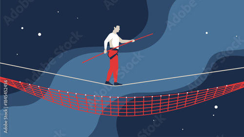 An elegant flat design vector illustration of a focused tightrope walker from the Monte Carlo International Circus Festival, demonstrating incredible balance and precision. This minimalist 2D artwork 