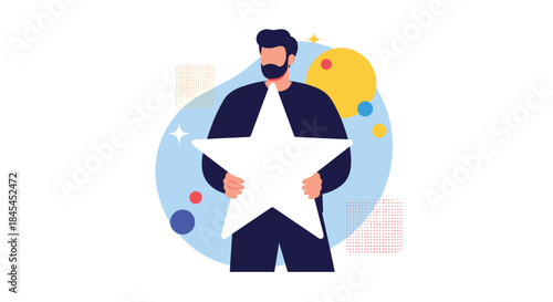 Man holds a large star symbol representing achievement and recognition set against a colorful abstract background that conveys success and celebration.