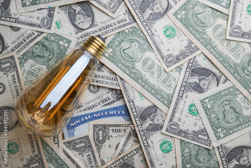 Light bulb on social security card with U.S. dollar bills.  Cost of electric bills for the elderly concept.