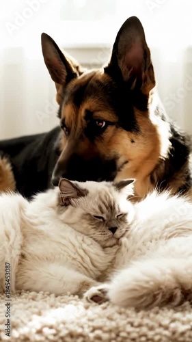 German Shepherd Looking at a Cat Lying Down on a Carpet