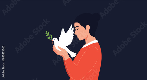 Woman in a red sweater gently holds a white dove and offers a small olive branch as she smiles softly at the bird in a peaceful moment of compassion.