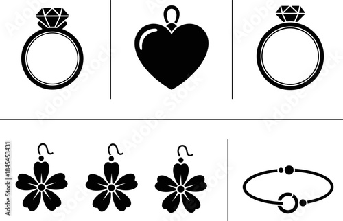 Elegant jewelry icon set featuring engagement rings, heart pendant, floral earrings, and minimalist bracelet, modern black silhouette vector illustration for fashion design