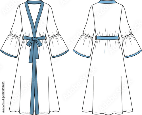 Elegant Kimono Style Robe Flat Sketch Technical Drawing, Long Sleeves with Flared Bell Cuffs, Contrast Trim, Self-Fabric Belt, Front and Back View, Lounge Wear Vector Template.