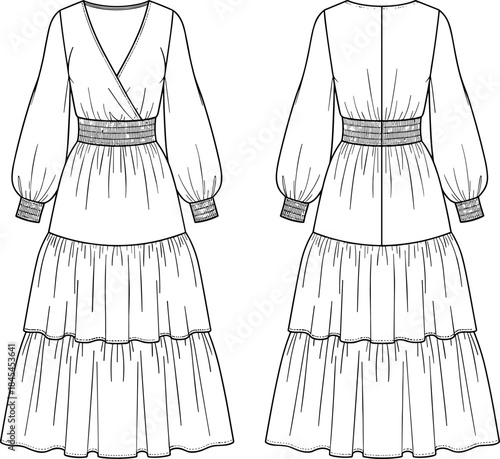 Elegant long-tiered women’s dress technical flat sketch with wrap neckline, puff sleeves, smocked waistband, flowing silhouette, detailed front and back illustration