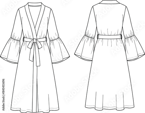 Elegant Maxi Wrap Robe Flat Sketch Technical Drawing, Kimono Style, Deep V-Neck, Flared Bell Sleeves, Tie Waist Belt, Women's Loungewear Apparel Vector Template, Front and Back View.