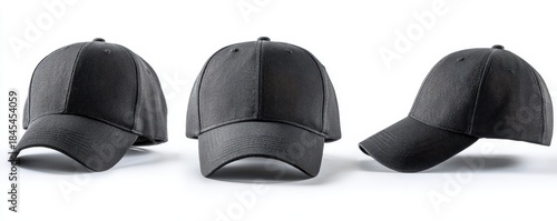 Commercial Mockup: Three black textured baseball caps shown from front, left, and right profiles. Blank template for branding and design customization on white studio background.