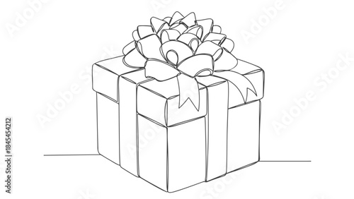 A single continuous line drawing of a gift box with a large decorative bow on top, presented on a white background.