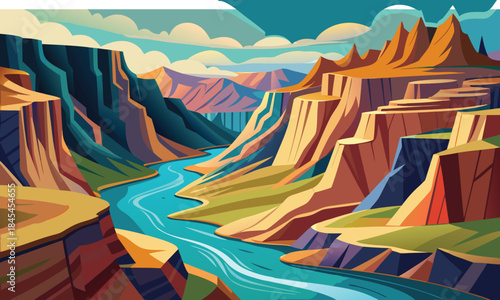 Winding river through a stylized multicolored canyon landscape