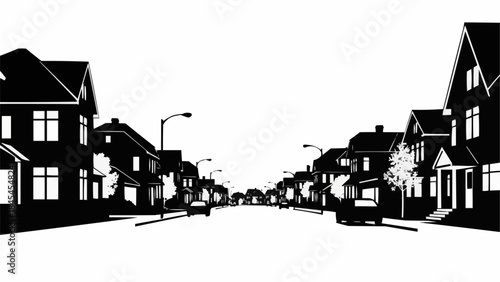 Suburban Street Scene with Houses and Cars.
