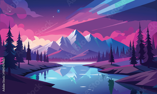 Stylized mountain lake at twilight with purple pink sky