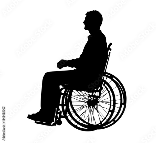 Silhouette of disabled man sitting in wheelchair isolated on white background