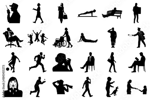 Assortment of black and white silhouettes of people in various poses and activities