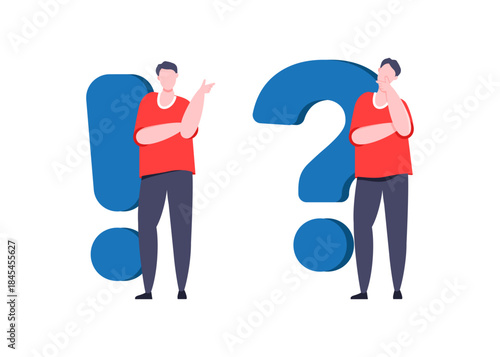 Problem and solution concept. Young man standing next to a question and exclamation mark stock illustration