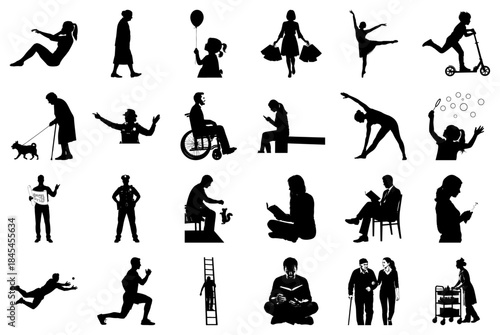 Collection of silhouettes depicting people in motion, work, and leisure