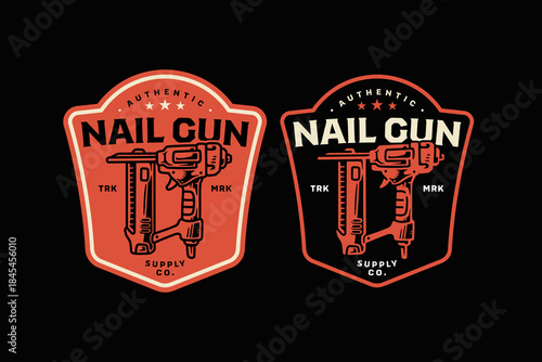 Nail gun power tool retro badge logo design set for construction. Framing nailer vintage patch sticker pack for contractor. Pneumatic nailer fastening tool rustic emblem element design for industry
