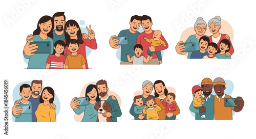 Families taking selfies together in various settings