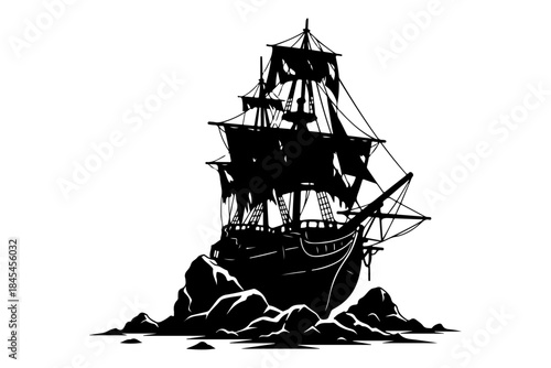 Bold silhouette illustration of a majestic vintage sailing ship, a classic tall ship, appearing grounded on rugged rocks, evoking tales of maritime adventure, mystery, and ancient history