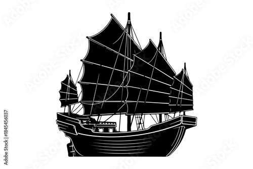 A traditional Chinese junk boat with distinctive sails, depicted in a striking black and white illustration
