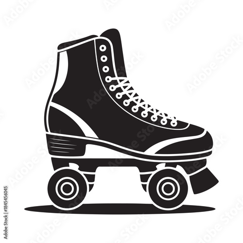 A stylish black and white illustration of a single roller skate