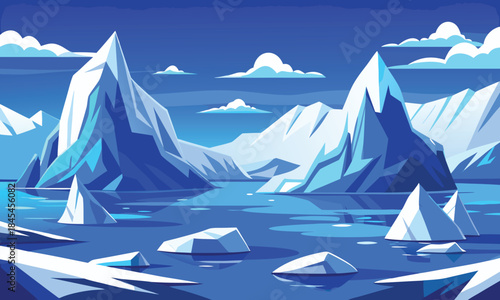 Vast blue ocean with floating icebergs and mountains