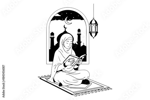 Illustration of a Muslim woman reading the Quran, a symbol of devotion and faith in Islam