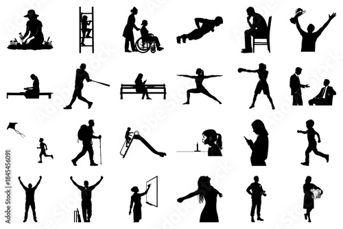 Diverse Silhouettes of People Engaged in Activities Keywords silhouette, people, woman, man