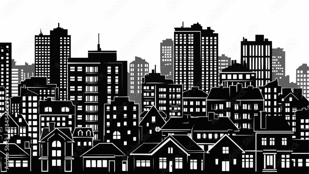Obraz premium Black and White Silhouette of a Cityscape with Diverse Buildings.