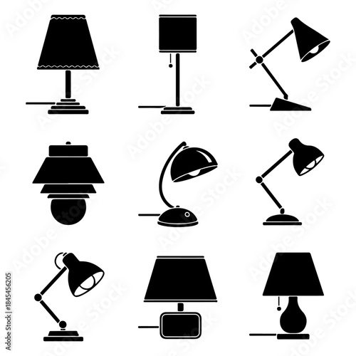 Collection of black and white icons depicting various types of table lamps and desk lamps for home and office use, ideal for design projects