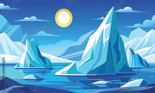 Stylized icebergs in blue ocean under sun glacier