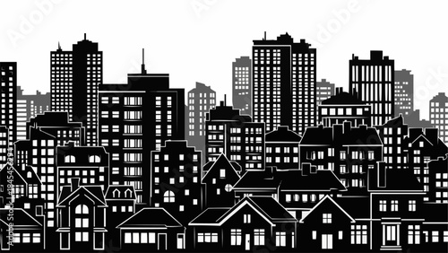 Black and White Silhouette of a Cityscape with Diverse Buildings.