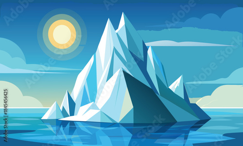 Jagged iceberg in blue ocean under bright sun water