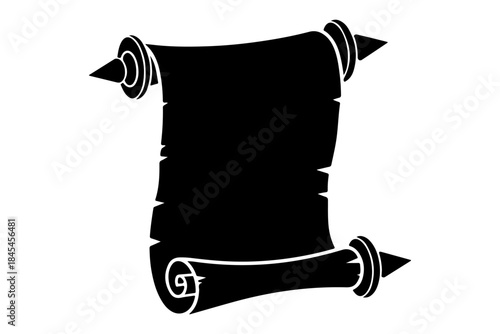 A striking black silhouette of an ancient, unrolled scroll or rolled parchment, presenting a timeless symbol for vintage documents, historical decrees, and important announcements in graphic design