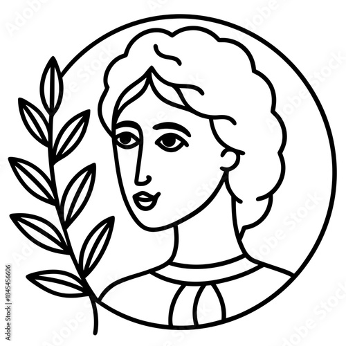 Black line of a woman's head and shoulders with a laurel branch